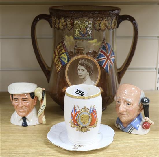 A large Queen Elizabeth I and Queen Elizabeth II centenary vase, etc tallest 27cm (5)